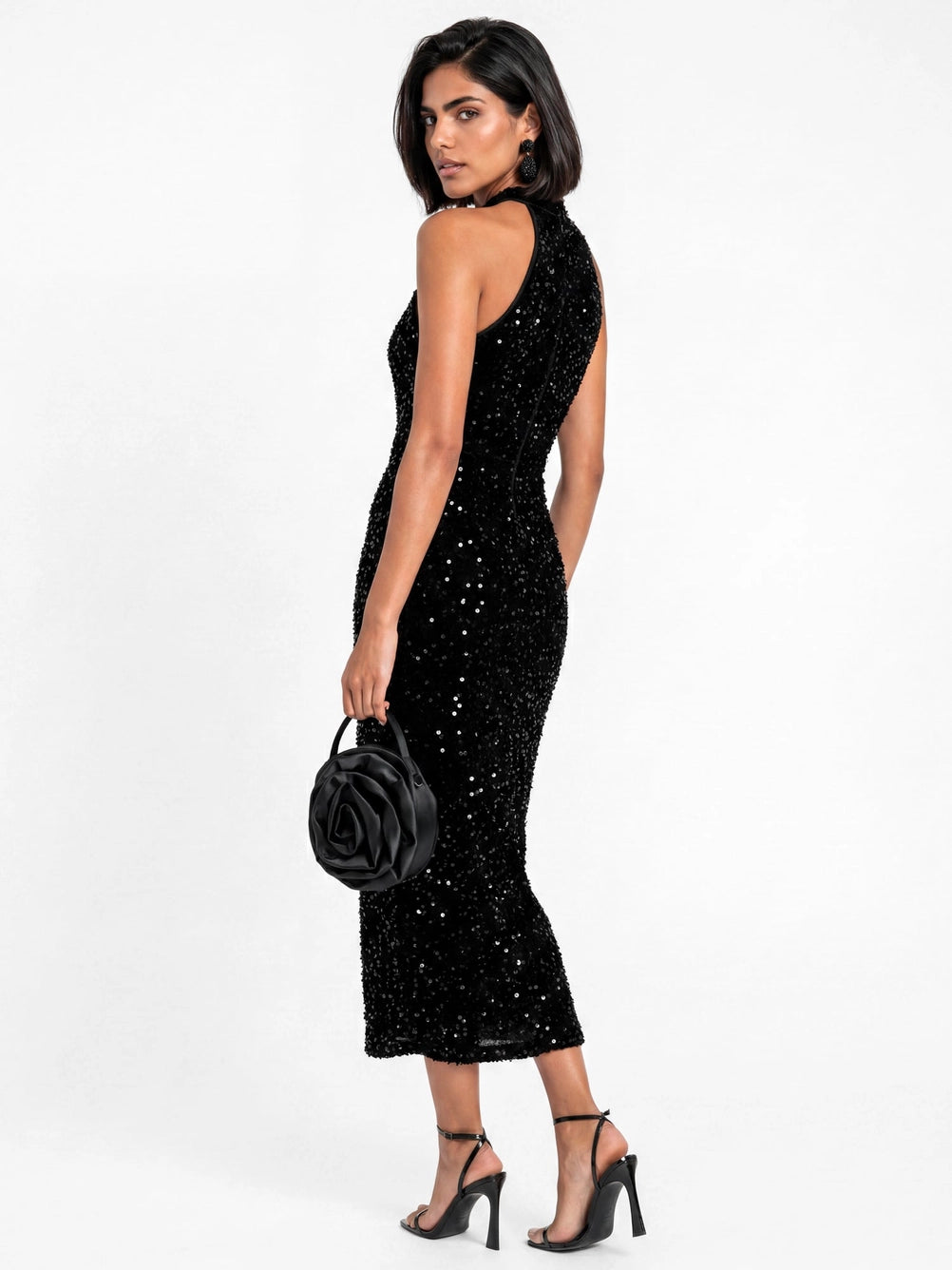 Maya Black Sequin Embellished Velvet Midi Halterneck Dress