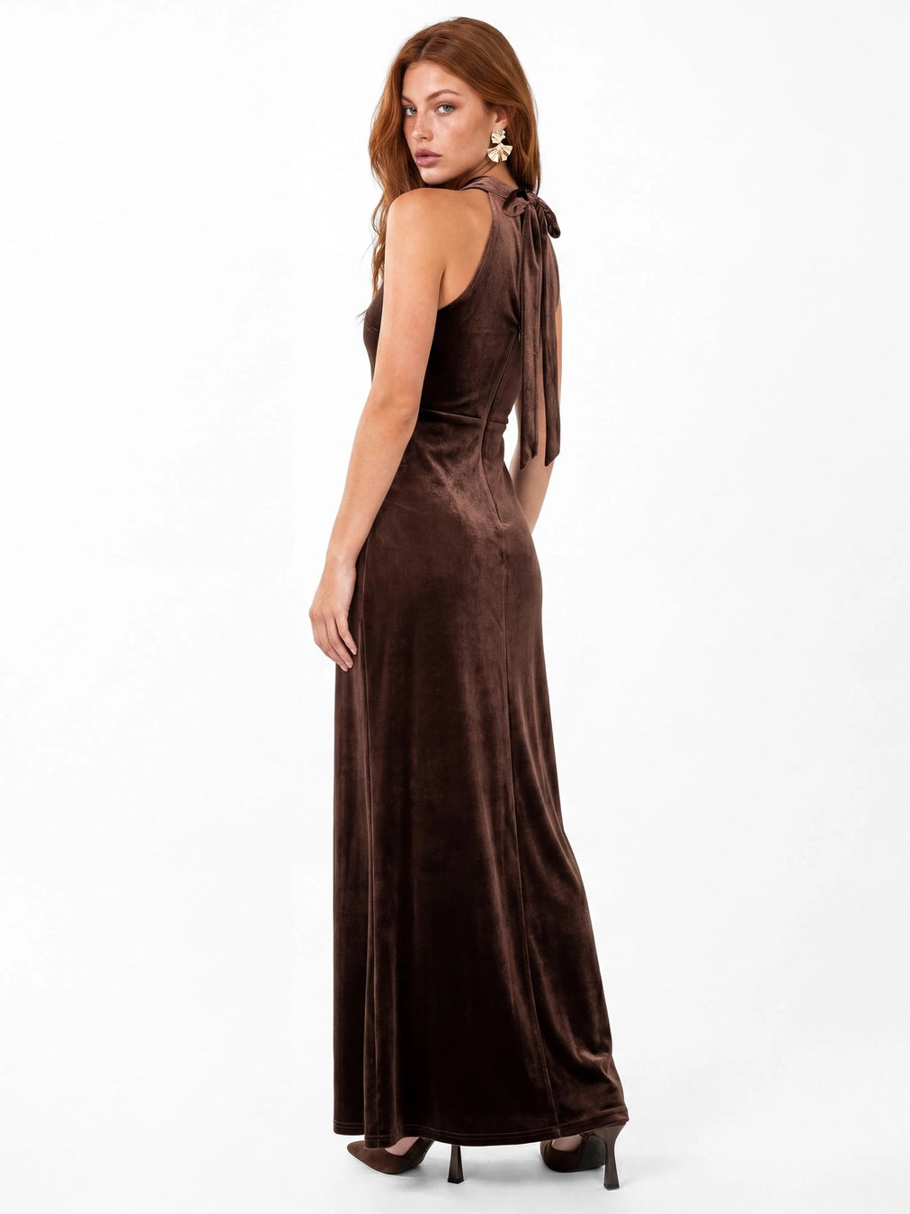 Maya Chocolate Brown Velvet Halterneck Maxi Dress