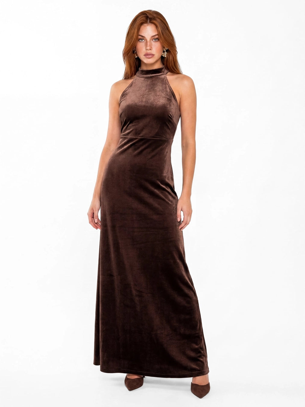 Maya Chocolate Brown Velvet Halterneck Maxi Dress