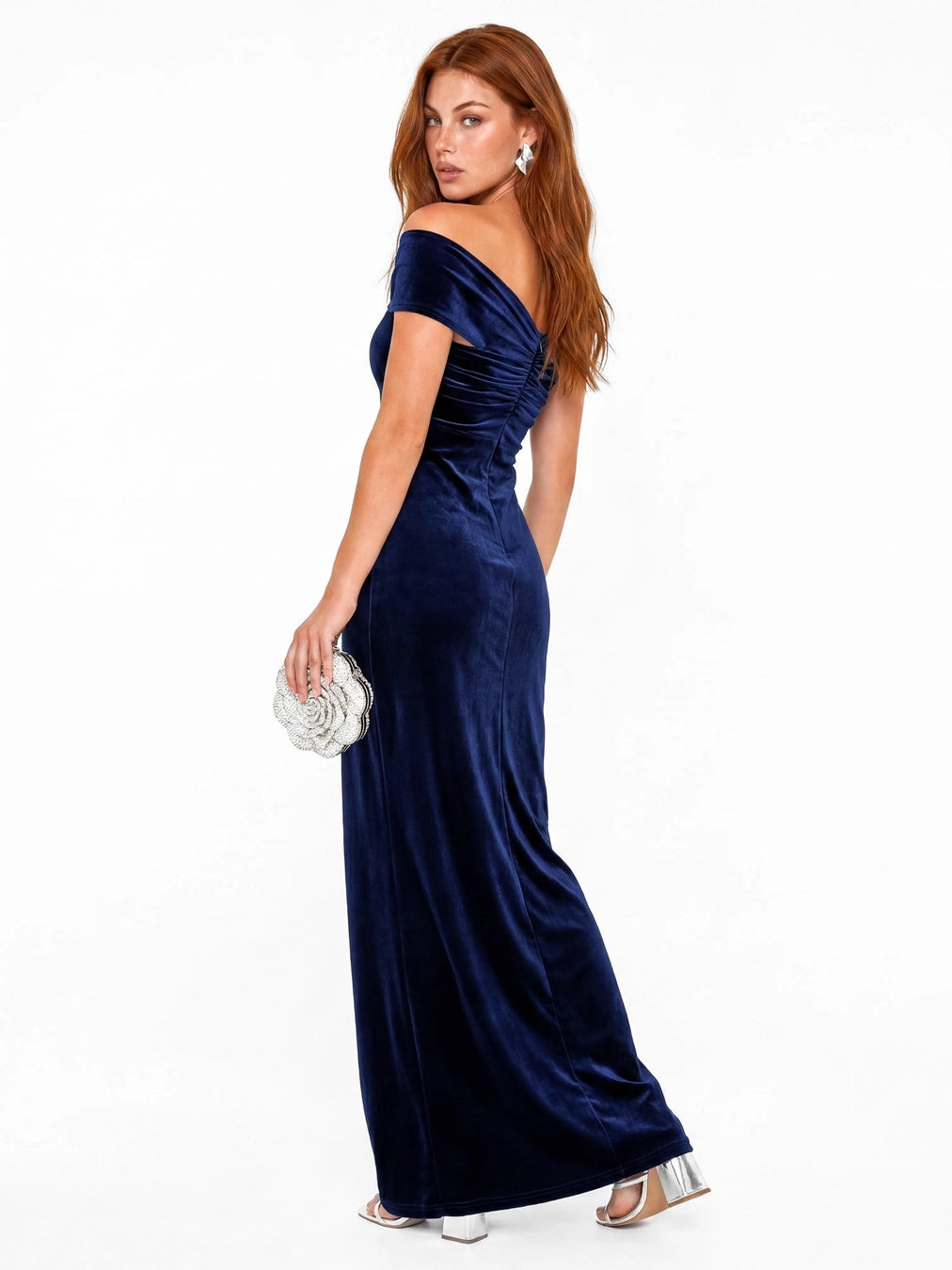 Maya Navy Twist Front Velvet Bardot Maxi Dress