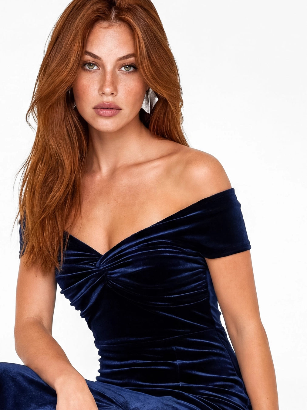 Maya Navy Twist Front Velvet Bardot Maxi Dress