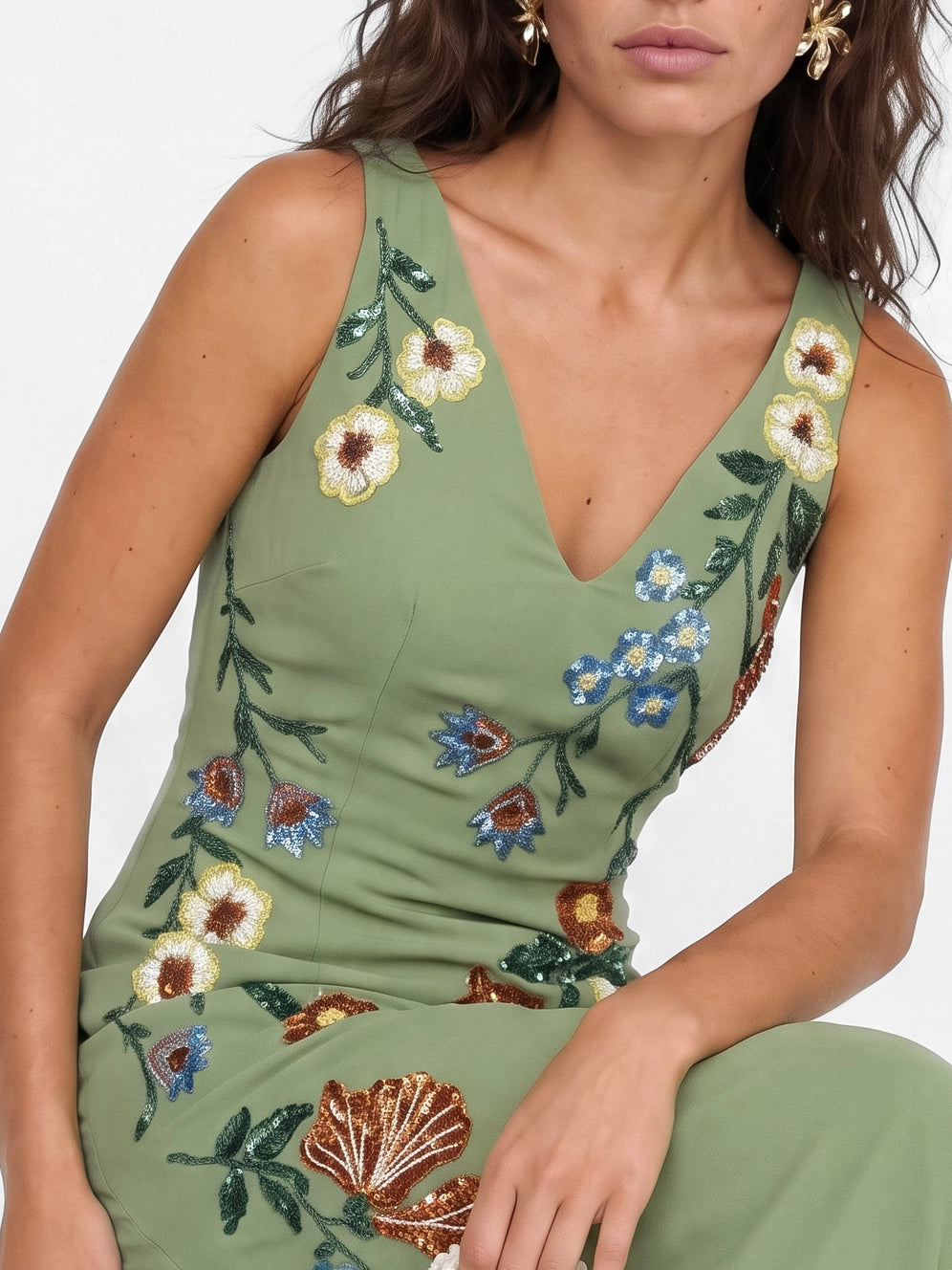 Maya Olive Sage Floral Chiffon Midaxi Dress