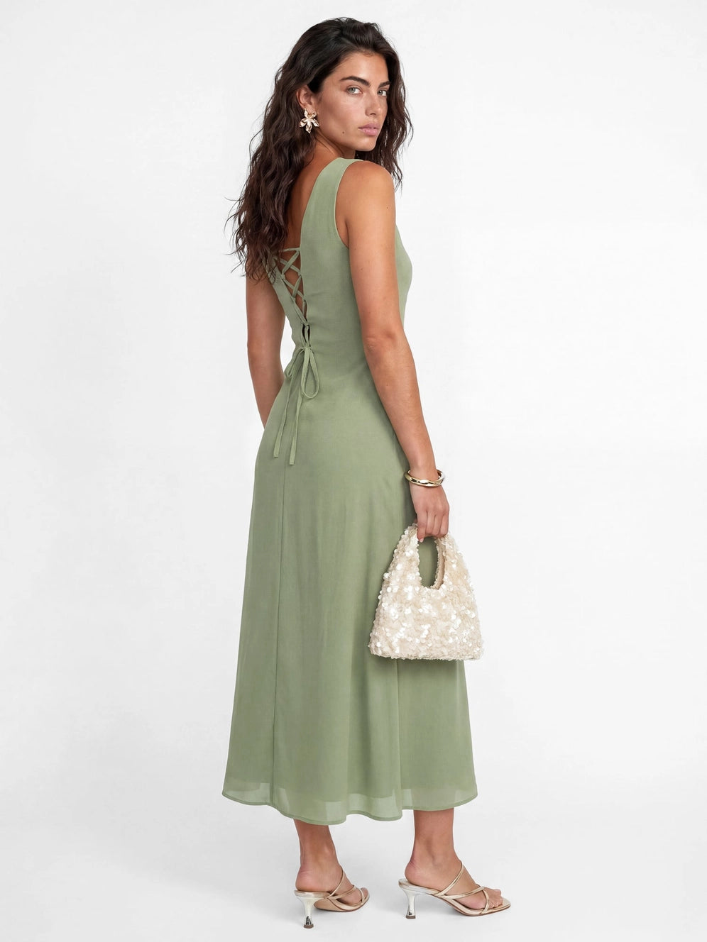 Maya Olive Sage Floral Chiffon Midaxi Dress