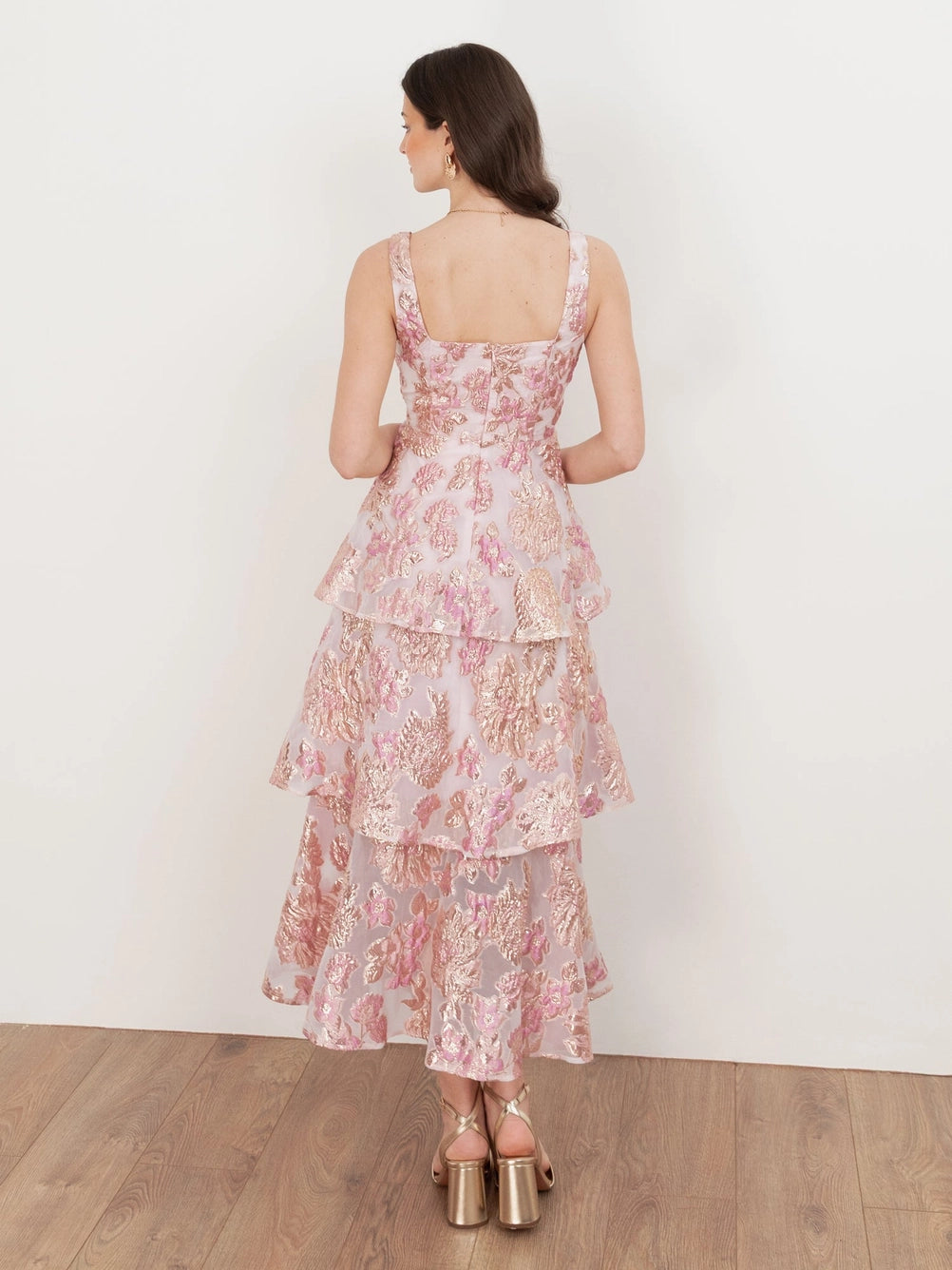 Maya Pink Floral Jacquard Tiered Midi Dress