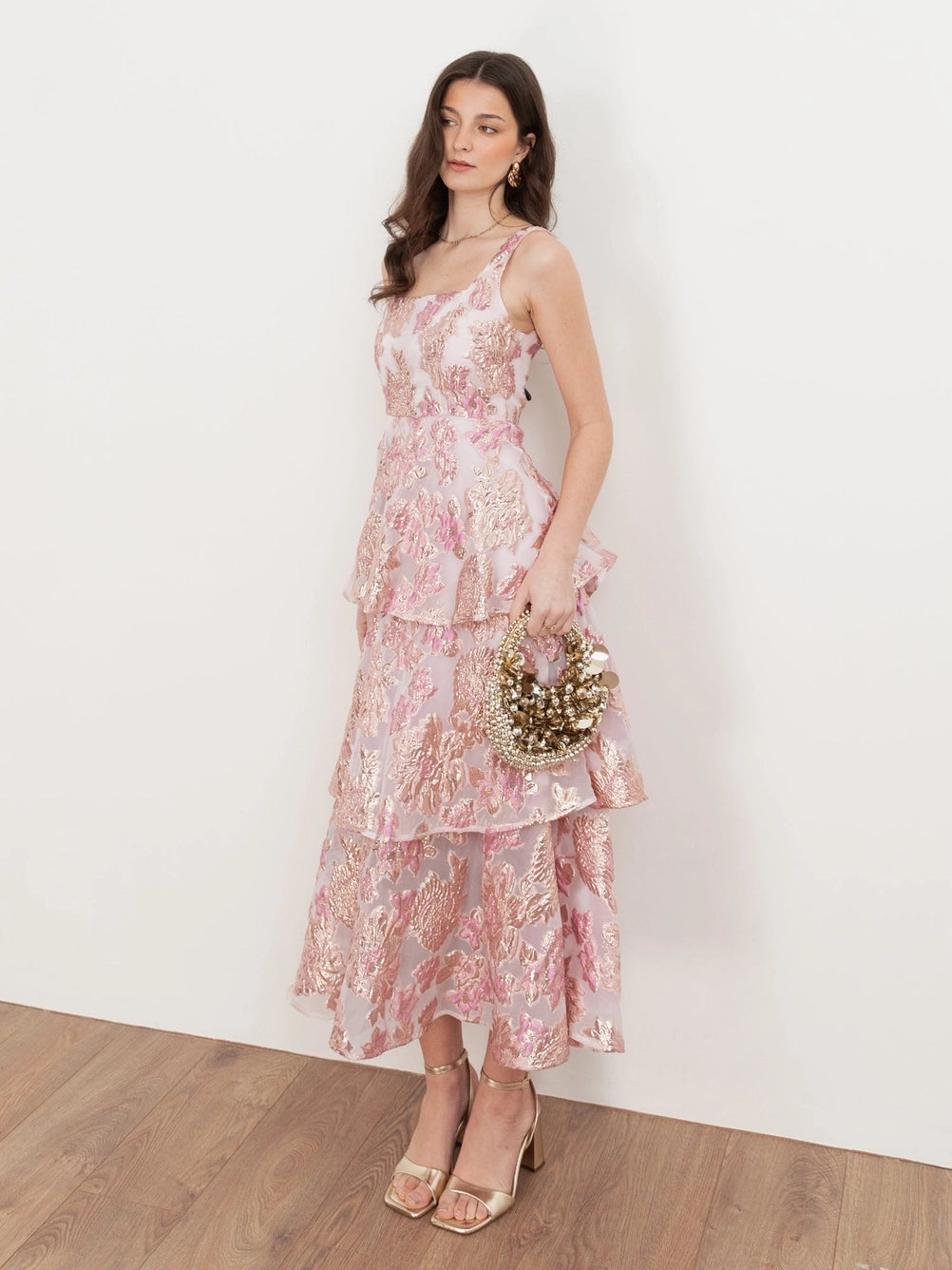 Maya Pink Floral Jacquard Tiered Midi Dress