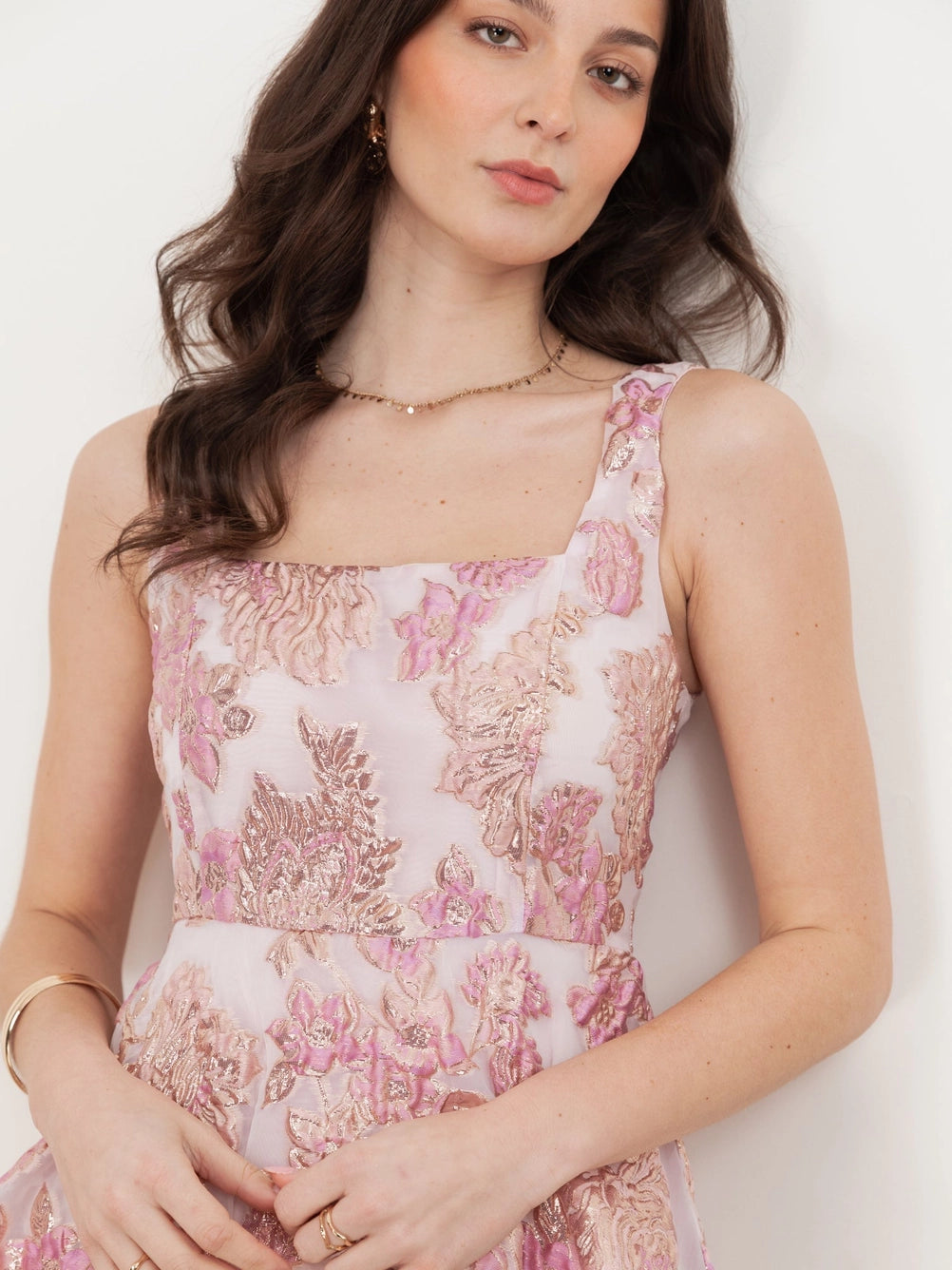 Maya Pink Floral Jacquard Tiered Midi Dress