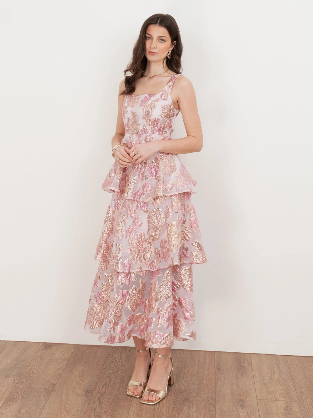 maya-pink_floral-tiered-jacquard-pink-square-neck-midi-dress