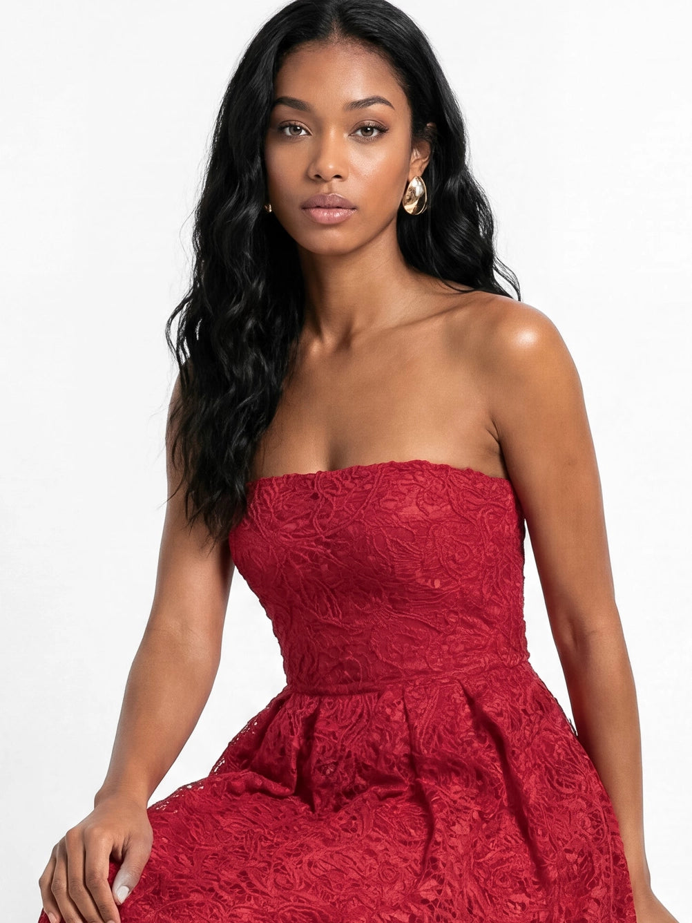 Maya Red Textured Lace Bandeau Midaxi Dress