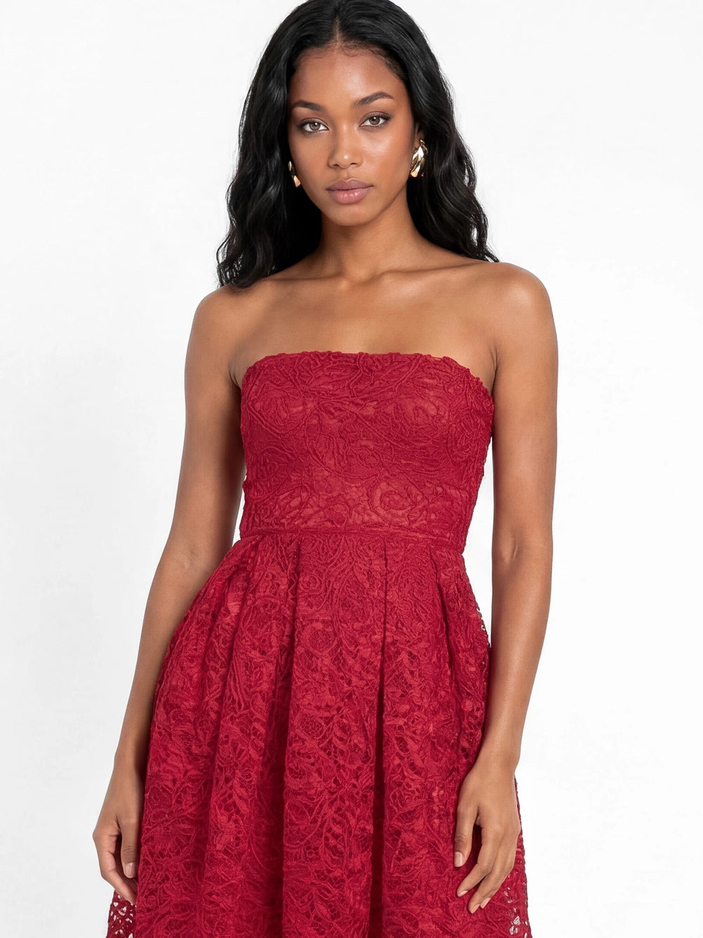 Maya Red Textured Lace Bandeau Midaxi Dress