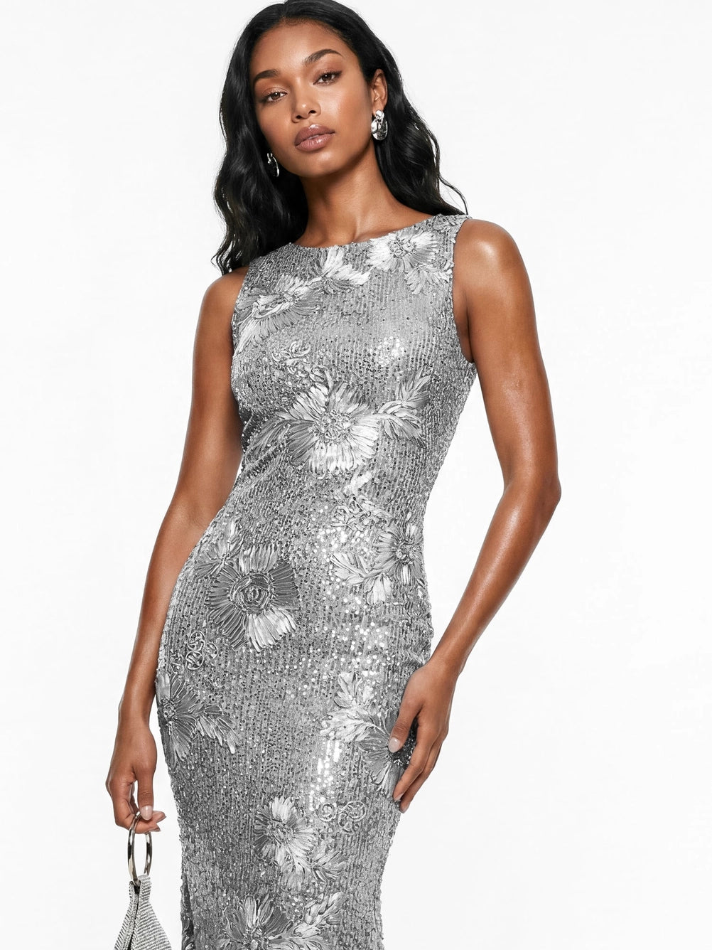 Maya Silver Floral Ribbon Applique & Sequin Maxi Dress