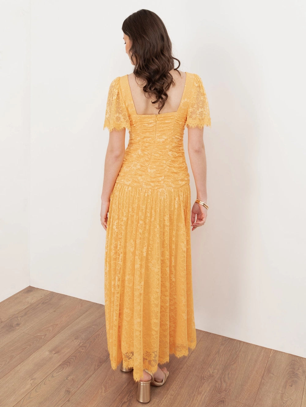 Maya Sunflower Yellow Square Neck Lace Midaxi Dress
