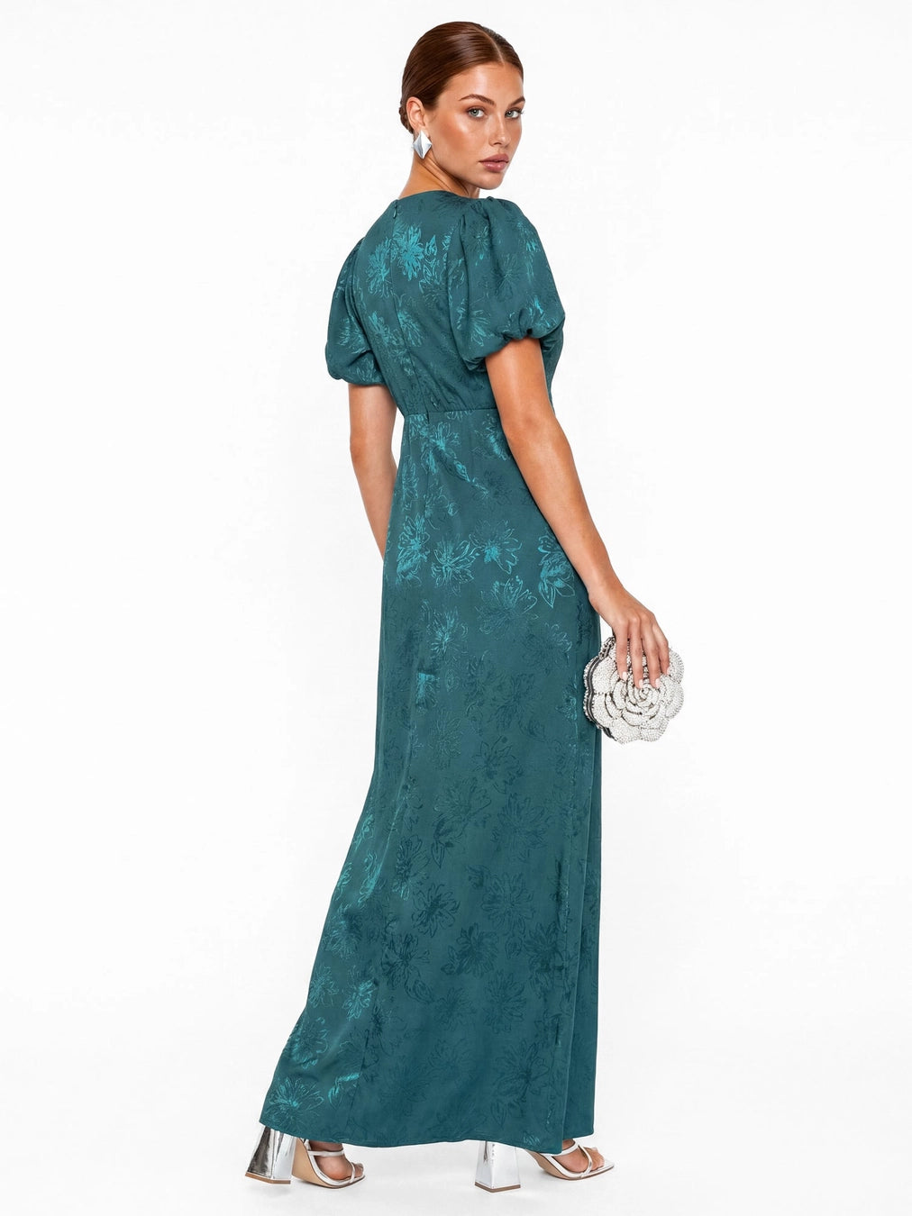 Maya Teal Floral Jacquard Maxi Dress