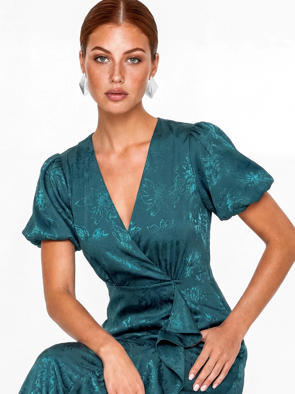 Maya Teal Floral Jacquard Maxi Dress