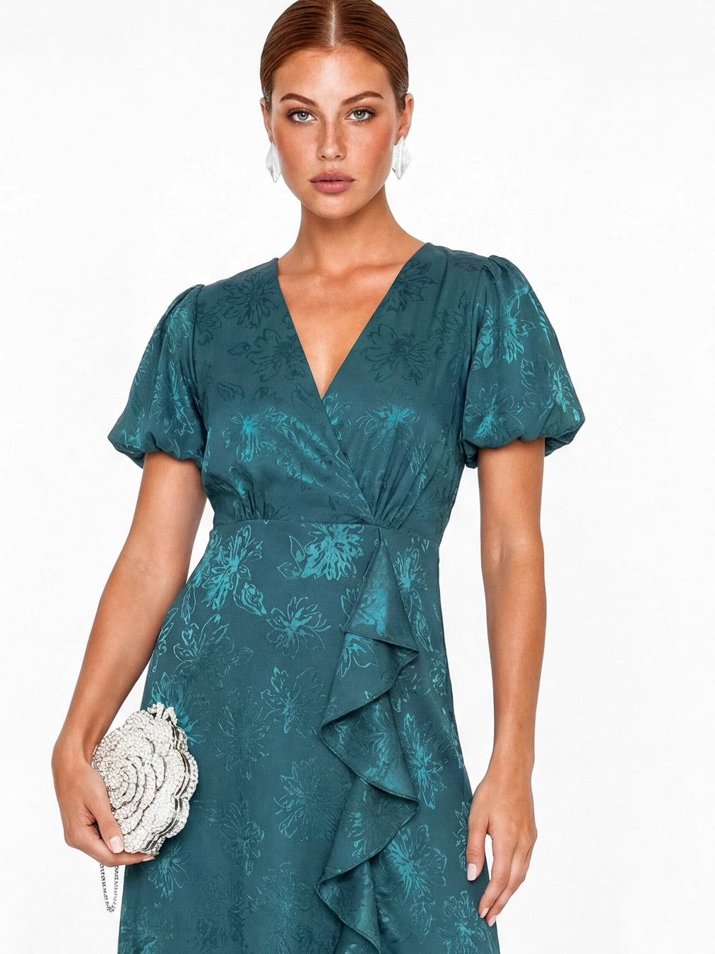 Maya Teal Floral Jacquard Maxi Dress