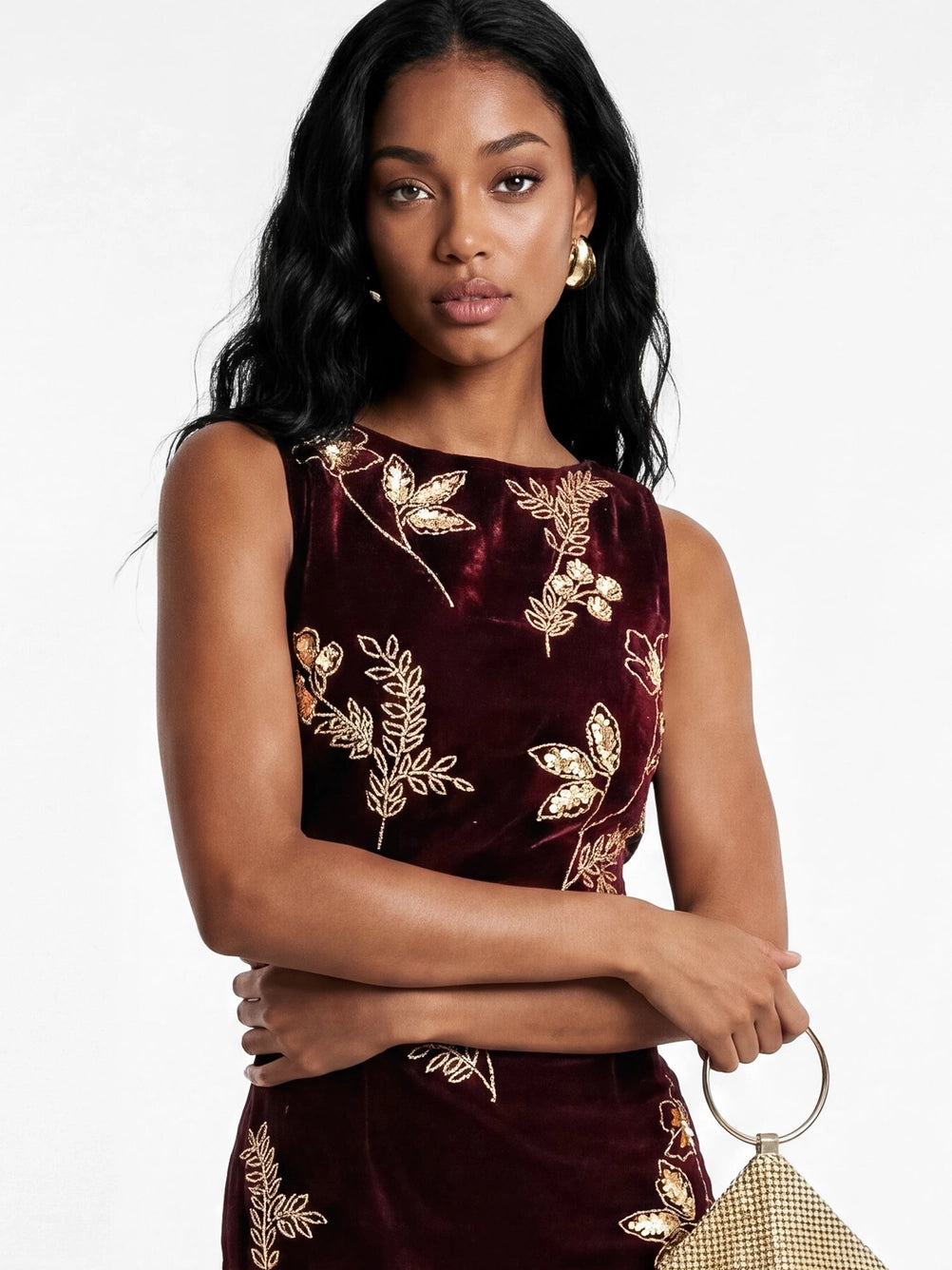 Maya Wine Floral Embellished Velvet Midaxi Dress