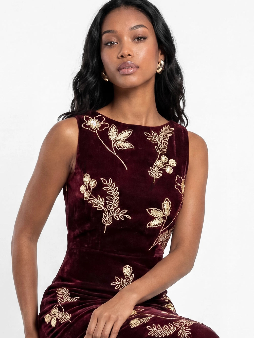 Maya Wine Floral Embellished Velvet Midaxi Dress
