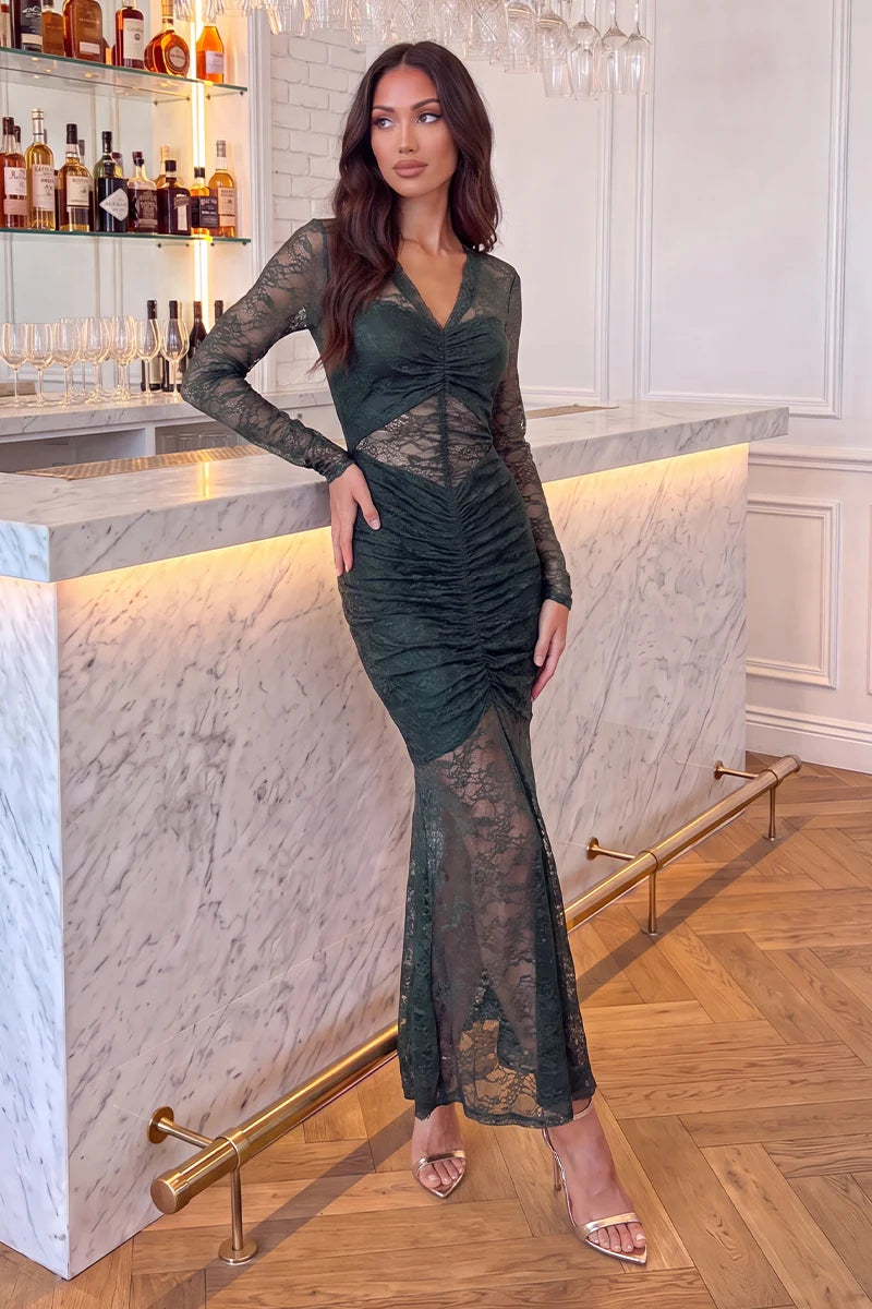 AX Paris Teal Overlay Ruched Lace Midaxi Dress