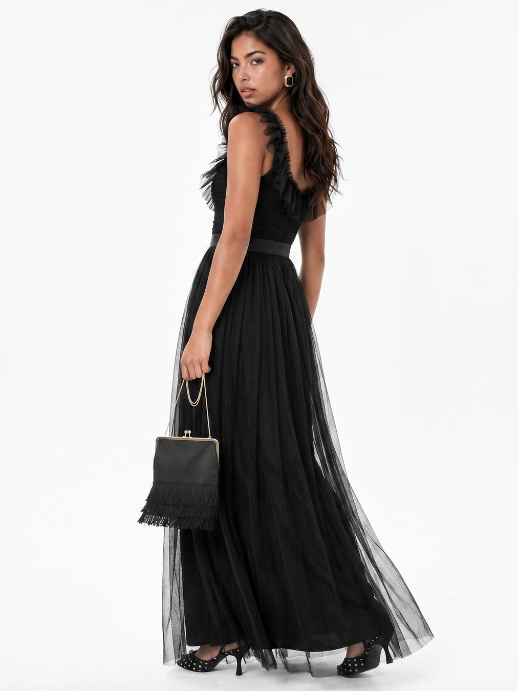 Anaya With Love Black Strappy Ruffle Tulle Maxi Dress
