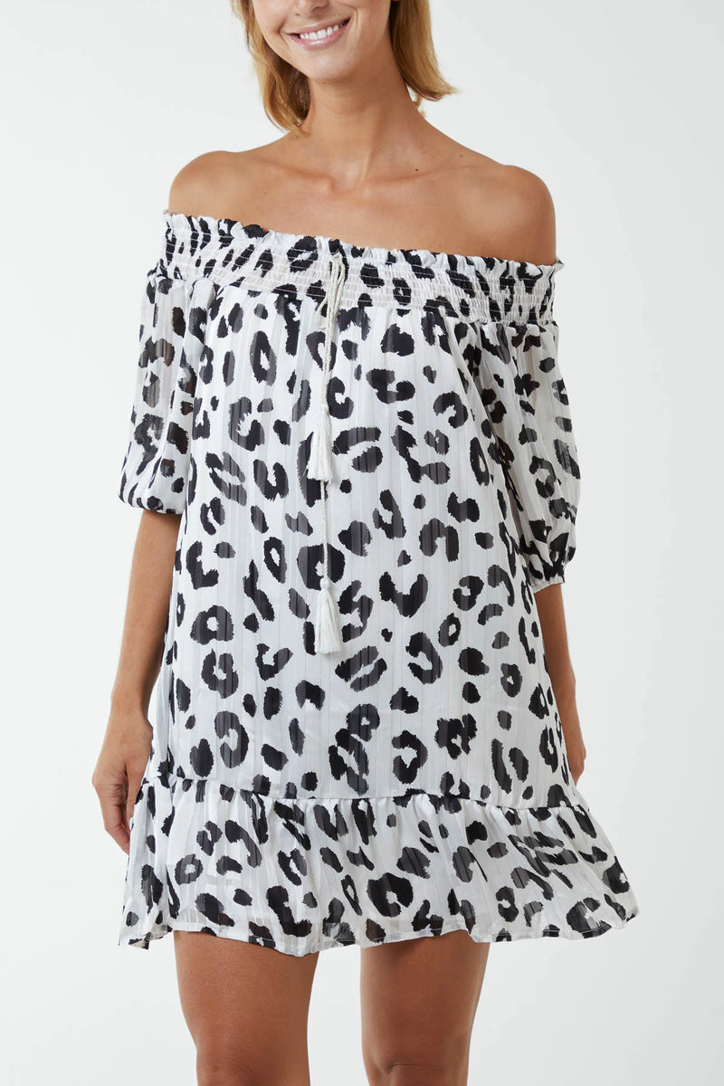 Animal print off the shoulder shirred dress